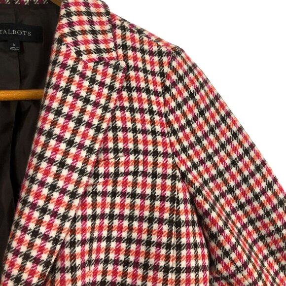 Talbots Houndstooth Plaid Women's Wool Blend Blazer Sz 8 Pink Red Belted Lined - Picture 4 of 10